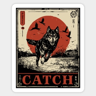 Wolf in the Wild Red Sun Japanese Retro Poster Sticker